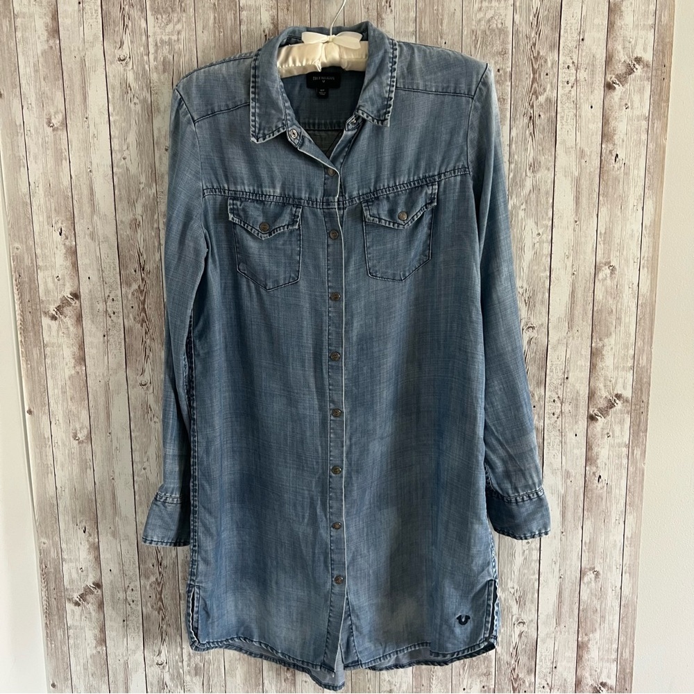 True Religion Chambray Blue Denim Mini Dress Long Sleeve Small